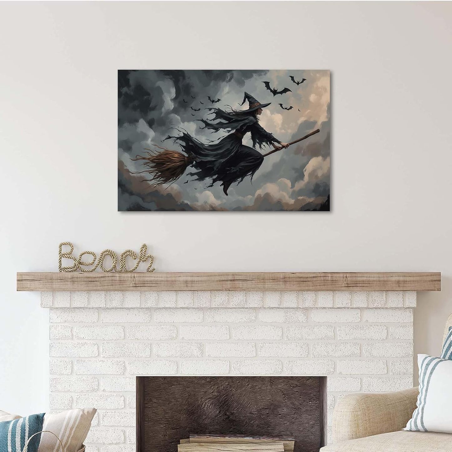JFHCQJPK Witch and bat flying Halloween poster suitable for home party wall decoration retro Halloween preppy style wall art canvas print suitable for room decoration24x36in Frameless