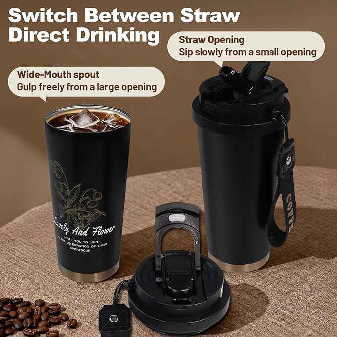 Insulated Coffee Tumbler 17.9oz 530ml Travel Coffee Mug 316 Stainless Steel Dual Drink Openings Leakproof Lid Reusable Insulated Coffee Mug Hot and Cold Ideal Travel Mug for Coffee Lover Daily
