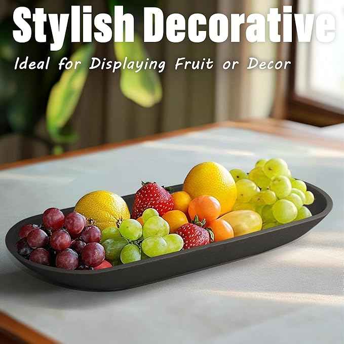 LIN CHUAN Large Decorative Bowl for Home Decor - Long Dough Bowl with Anti Slip Base for Table Centerpieces - Black Minimalist Design Dough Decor Bowl for Coffee Table, Dining Table Centerpiece