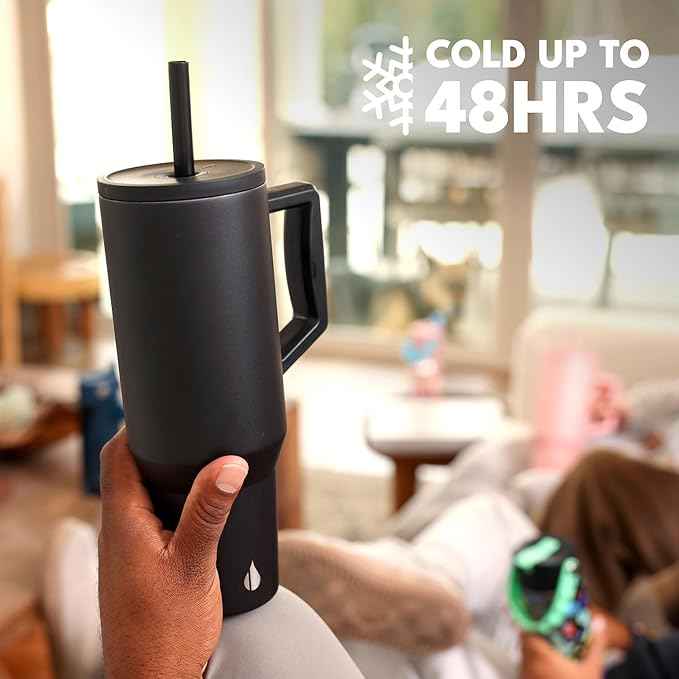 Elemental 40 oz Tumbler with Handle and Straw - Spill Proof Insulated Stainless Steel Commuter for Cold Beverages - Travel Coffee Mug with 2 Straws & Spill Proof Lid - 40oz - Black