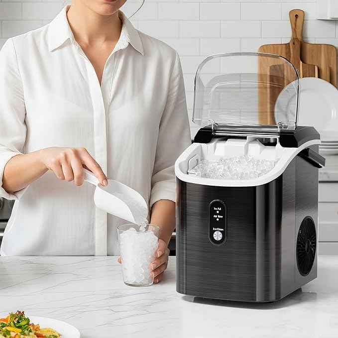 Antarctic Star Nugget Ice Makers Countertop with Auto-Cleaning, 35lbs/Day, Portable Sonic Ice Machine with Handle, Basket and Scoop for Home/Kitchen/Office/Camping(Stainless Steel Black)