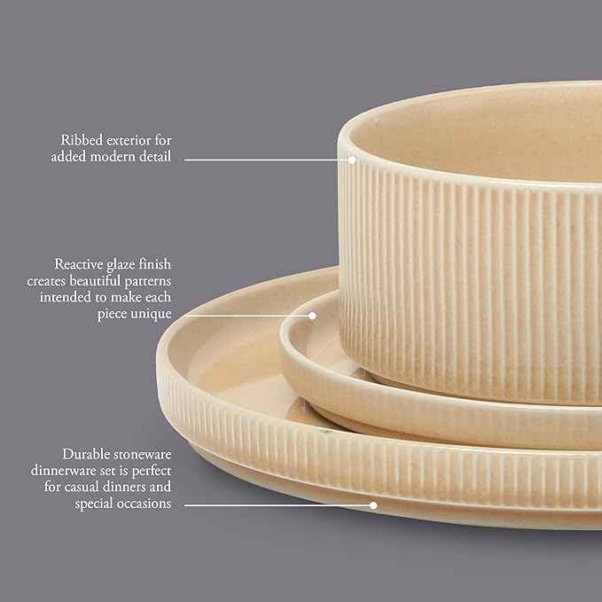 Gibson Elite Solana Coast 12 Piece Stoneware Reactive Glaze (Service for 4) Ceramic Plates and Bowls Modern Shape Embossed Dinnerware Set - Terracotta Orange