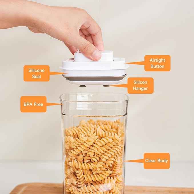 Pop Top Food Storage Container Set | 6Pcs Airtight Cereal Storage Organizer Canisters with Pop Lids, BPA-Free, Vacuum Seal & One-button Opening, Stackable Dry Food Storage (0.74, 1qt)*3