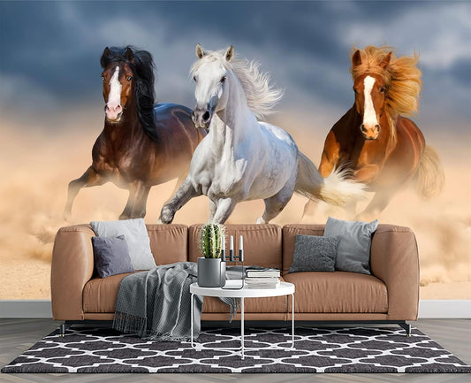 Three Running Horses Chinoiserie Wall Mural Wallpaper for Bedroom 178" x 117"