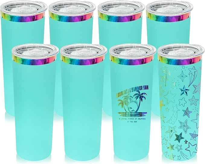 20 oz Skinny Tumblers Stainless Steel Tumbler with Lid and Straw Double Wall Vacuum Insulated Coffee Mug 20oz Powder Coated Cup for Hot and Cold Drinks(Mint Green,8 pack)