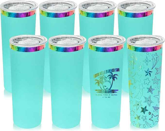 20 oz Skinny Tumblers Stainless Steel Tumbler with Lid and Straw Double Wall Vacuum Insulated Coffee Mug 20oz Powder Coated Cup for Hot and Cold Drinks(Mint Green,8 pack)