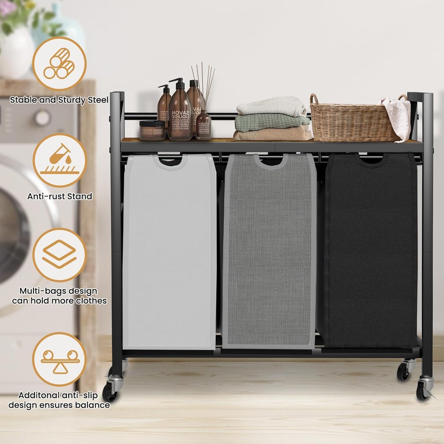 Laundry Hamper, Laundry Basket, Laundry Sorter with 3 Removable Bags, Clothes Basket with 3 Compartments, Wheels, Shelf for Laundry Room Bathroom Bedroom (3 Bags-Black Grey White)