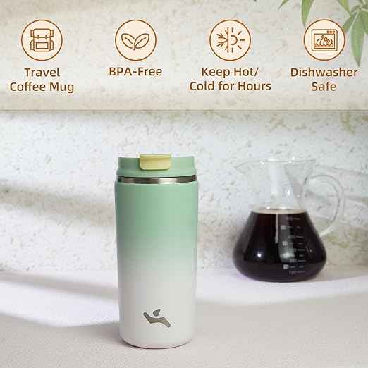 Konokyo Tumbler with Lid, 12 oz Travel Coffee Mug Double Wall Vacuum Stainless Steel Thermal Metal Cup Insulated Water Bottle,GreenWhite