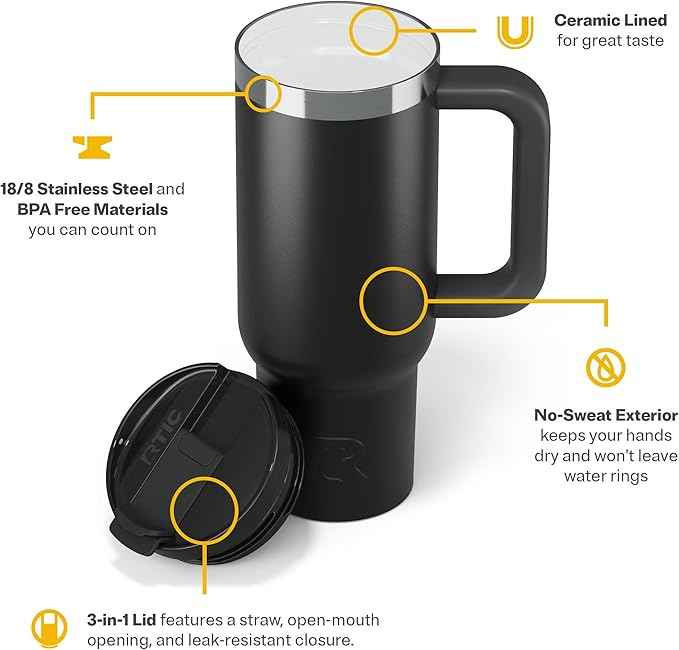RTIC 30 oz Road Trip Tumbler Double-Walled Ceramic Lined InsulatedStainless Steel Portable Travel Coffee Mug Cup with Lid, Handle and Straw, Black