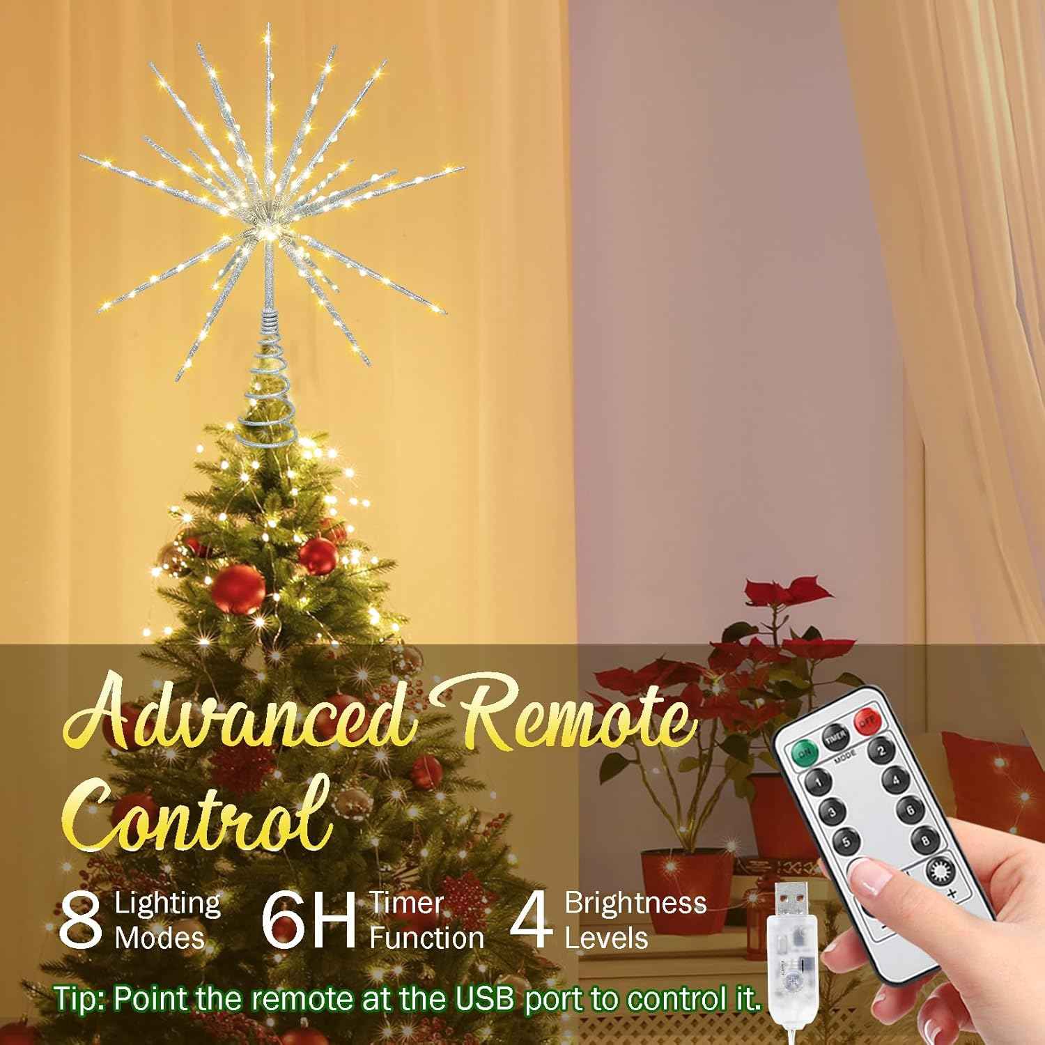 15 Inch Christmas Tree Star Topper with 150 LED Timer Lights & Remote, 19-Point USB Powered Lighted Silver Starburst Star Tree Topper for Indoor Holiday Party Xmas Tree Decor