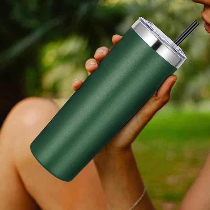 VEGOND Stainless Steel Skinny Tumbler, 20 oz Vacuum Insulated Tumbler with Lid and Straw, Double Wall Coffee Cup, Travel Mug for Cold Hot Drinks, Dark Green 1 Pack
