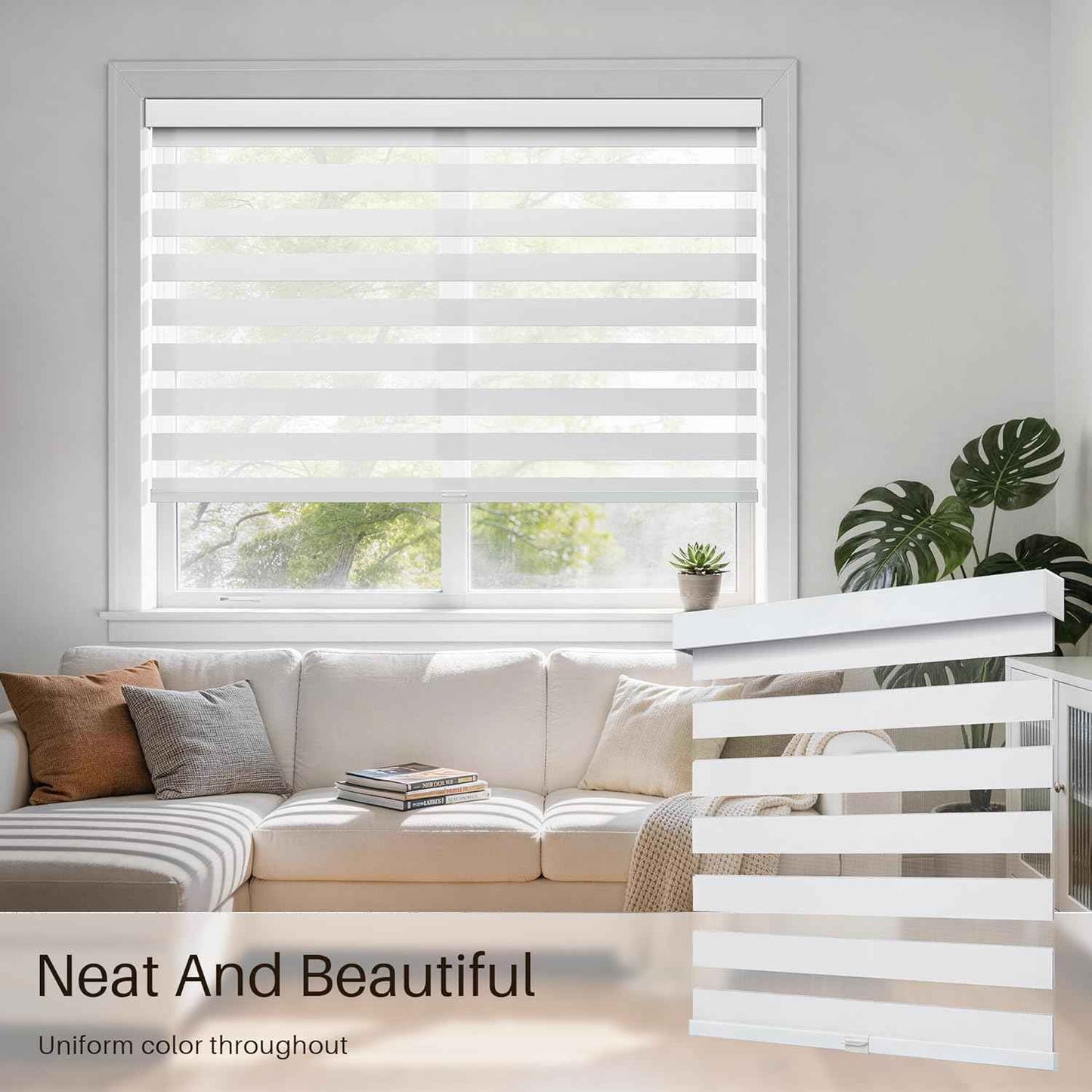 Cordless Zebra Blinds for Windows, Free-Stop Zebra Window Blinds, Dual Layer Light Filtering for Privacy, Easy Install Zebra Shades for Indoor Windows(White,35" W x 72 "H)