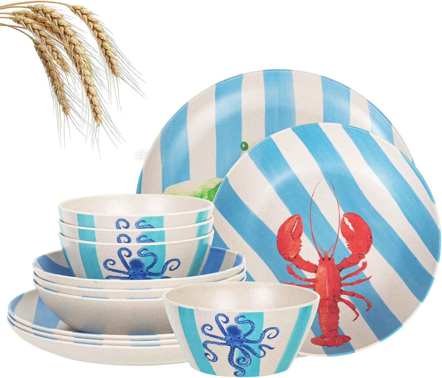 Unbreakable Dinnerware Set for 4 Blue Stripe Lobster Crab 12 Piece Melamine Wheat Straw BPA Free Lightweight Dishwasher Safe Shatter Resistant for Camping Outdoor RV Party