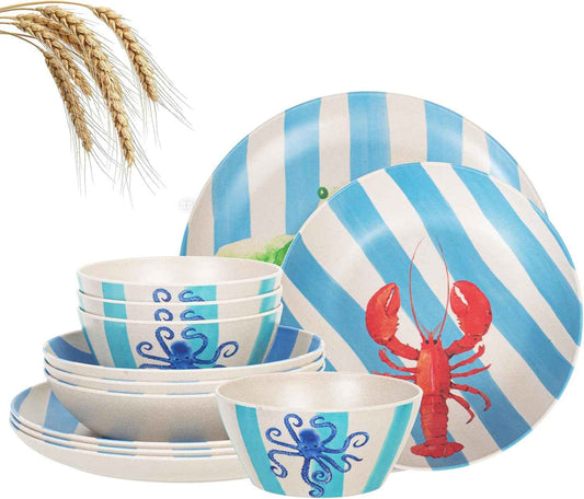 Unbreakable Dinnerware Set for 4 Blue Stripe Lobster Crab 12 Piece Melamine Wheat Straw BPA Free Lightweight Dishwasher Safe Shatter Resistant for Camping Outdoor RV Party