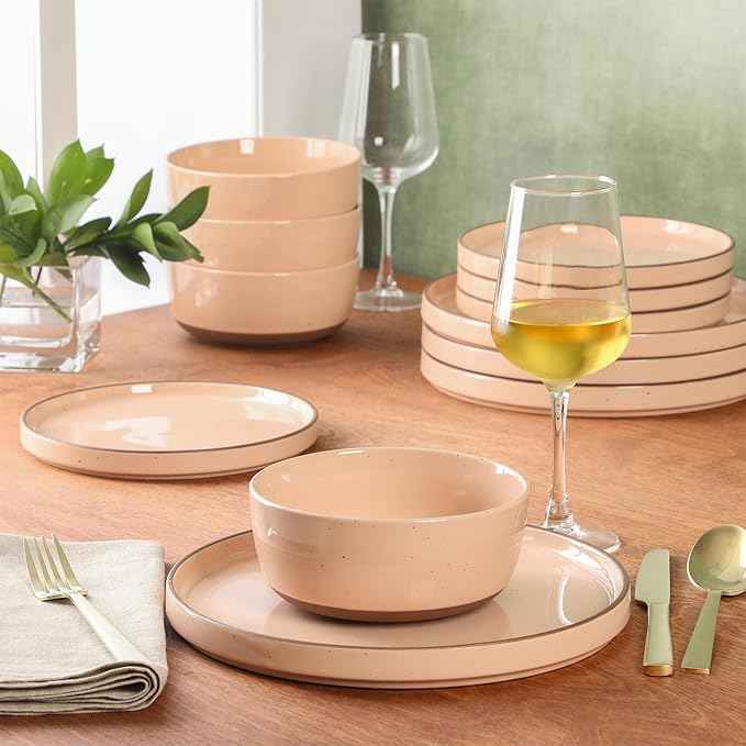 Gibson Elite Northrock Stoneware Dinnerware Set, 12-Piece Service for 4 Plates and Bowls Set – Pink Dishes with Hand-Painted Terracotta Base