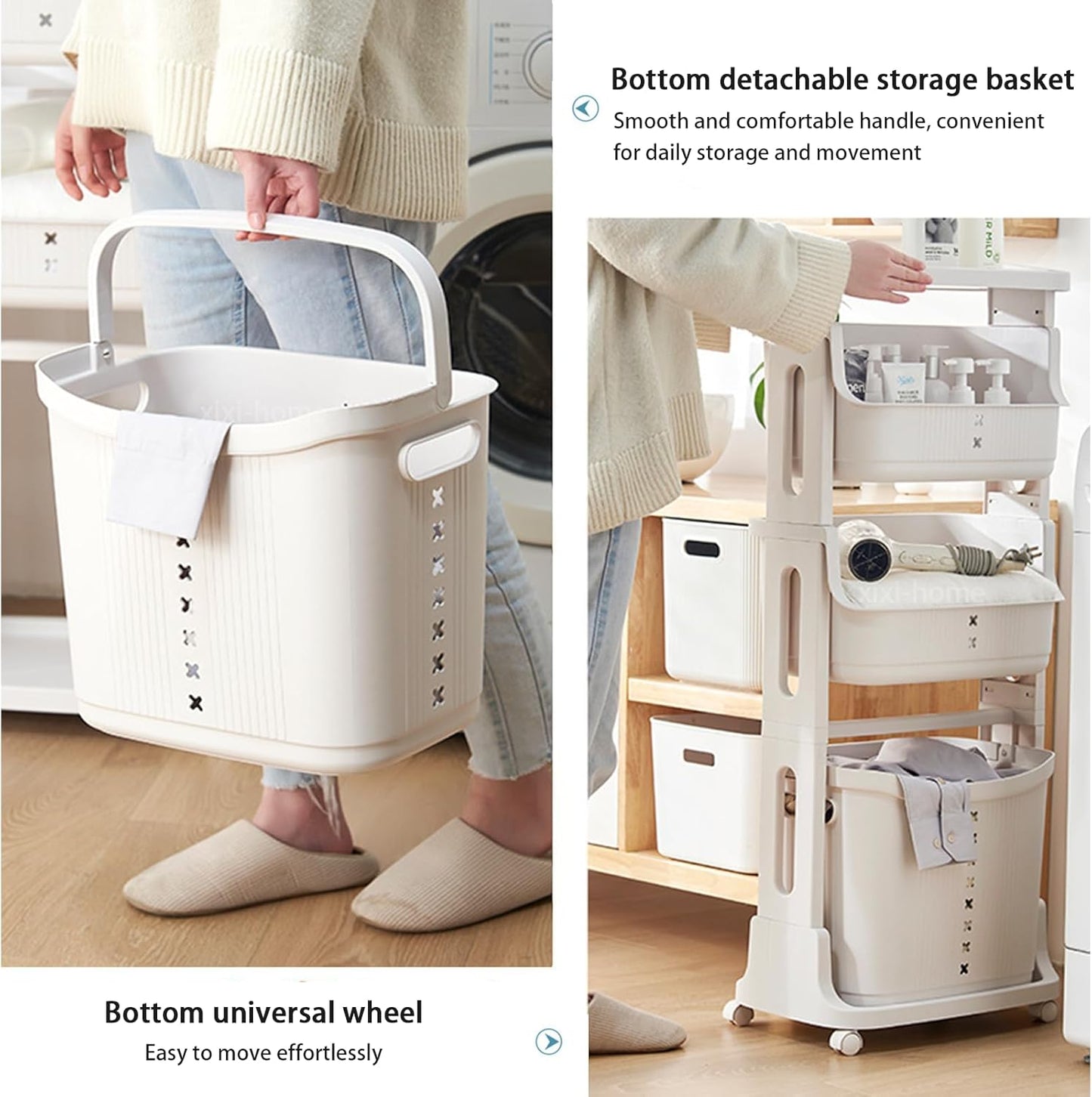 xixi-home 3-Tier Laundry Basket Organizer,Vertical Laundry Hamper Sorter with Wheels,Rolling Laundry Cart Dirty Clothes Hamper Removable Storage Basket for Dorm,Closet,Bathroom,Kitchen-White