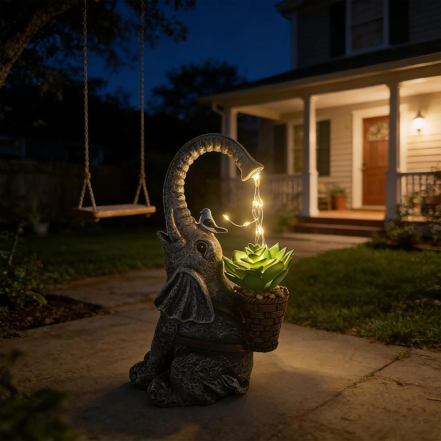 Solar Powered Garden Statue with LED Lights, Grey Stone Resin Elephant Planter, Decorative Outdoor Sculpture with Birds and Succulents,for Balcony, Garden, Patio, Yard, Lawn(Gray)