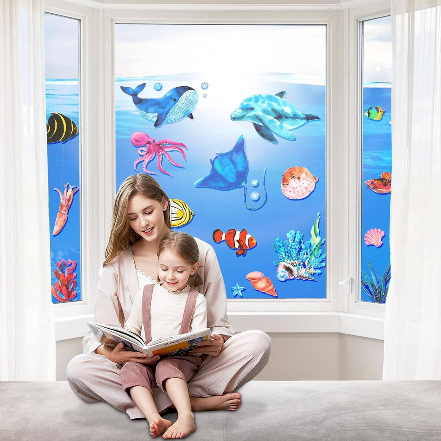 HOWAF 8 Sheets Ocean Animal Window Clings for Under The Sea Party Window Decorations, Sea Life Window Decals for Summer Party Home Decor, Under The Sea Animal Window Stickers