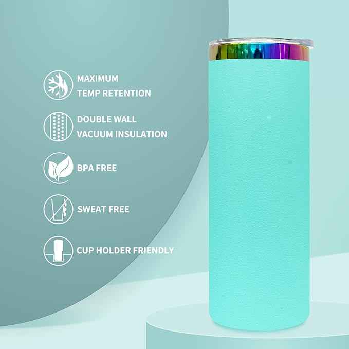 20 oz Skinny Tumblers Stainless Steel Tumbler with Lid and Straw Double Wall Vacuum Insulated Coffee Mug 20oz Powder Coated Cup for Hot and Cold Drinks(Mint Green,1 pack)