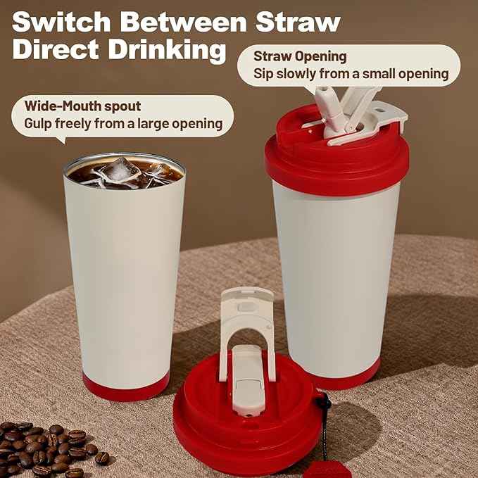 Insulated Coffee Tumbler 17.9oz 530ml Travel Coffee Mug 316 Stainless Steel Dual Drink Openings Leakproof Lid Reusable Insulated Coffee Mug Hot and Cold Ideal Travel Mug for Coffee Lover Daily