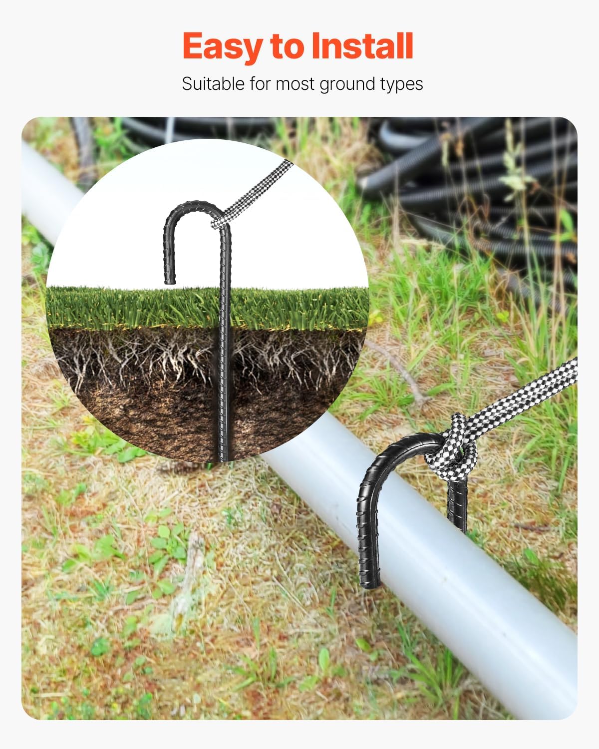 VEVOR Rebar Stakes, 12-Inch, Heavy-Duty 0.4 in Diameter J Hook, Galvanized Steel Ground Anchors with Chisel Point End & Rust-Resistant Coating, for Gardening Support, Fence, Camping Tents (16-Pack)