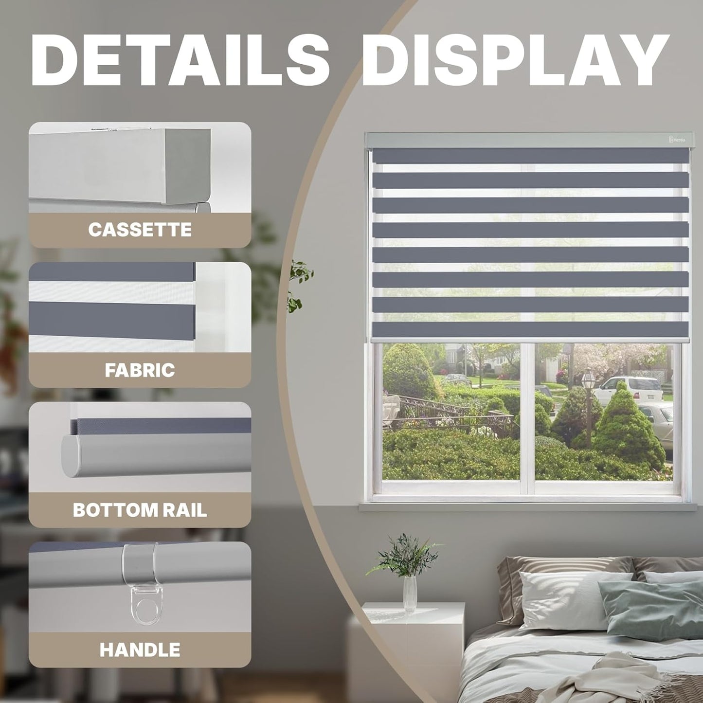 HESTIA Cordless Zebra Blinds Light Filtering Roller Shades UV Blocking Blackout Privacy Indoor Window Blind for Home Office Day and Night, Blue Grey,44" W x 54" H
