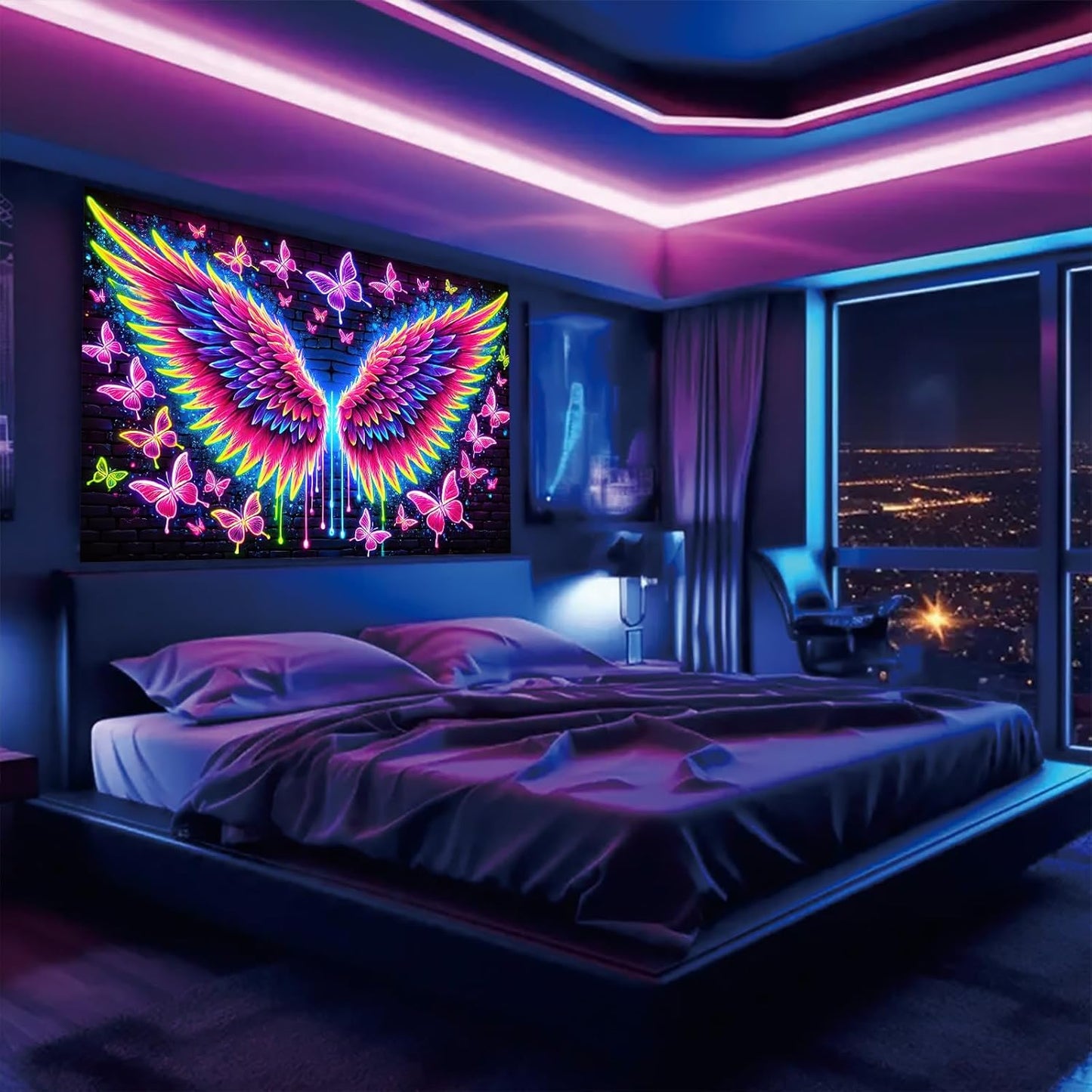 Starlit Patio Blacklight Angel Wings Tapestry UV Reactive Glow in The Dark Butterflies Wall Hanging Trippy Fluorescent Neon Art Poster for Bedroom Living Room Dorm Aesthetic Decor 78 x 59 Inches