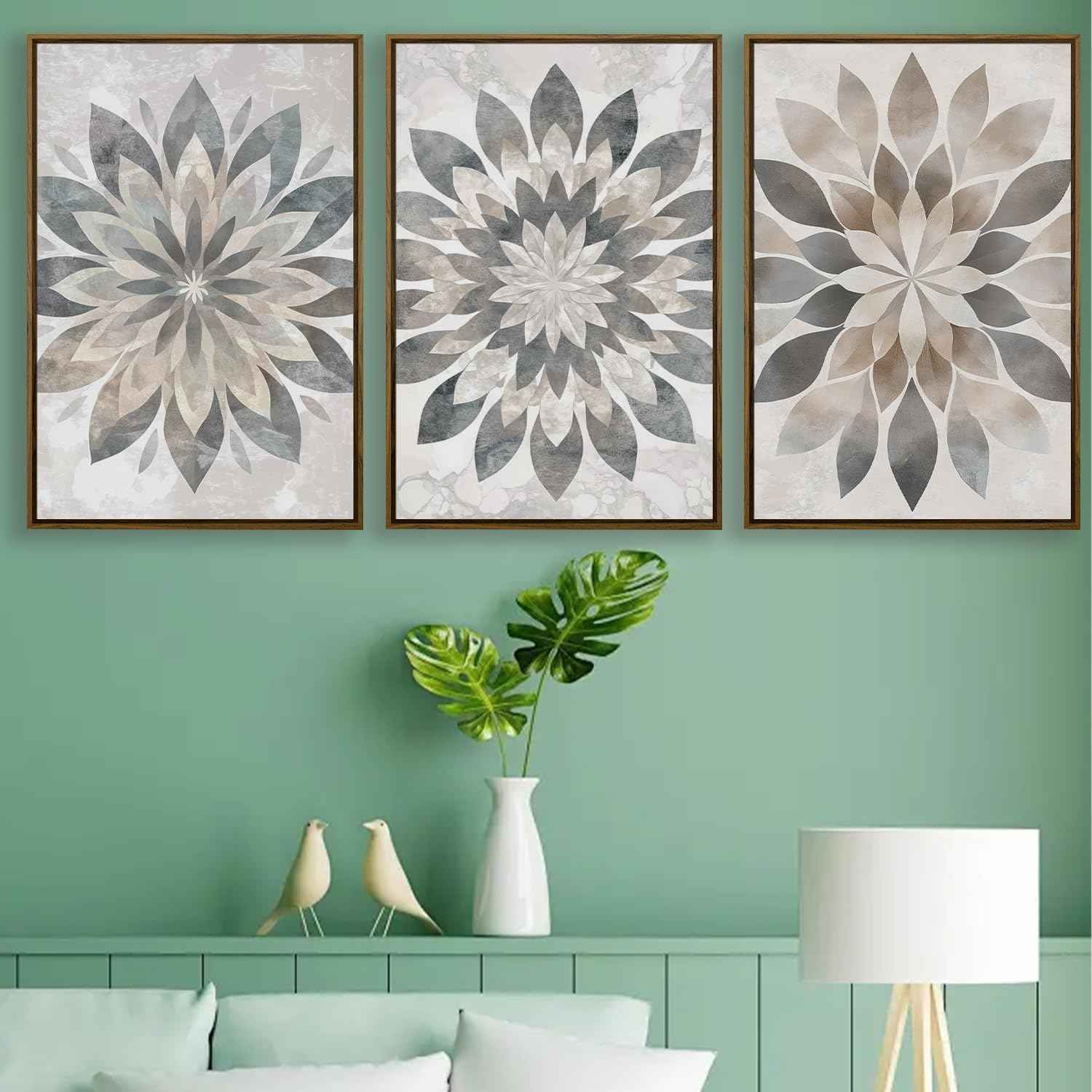 QTUSYUR Boho Mandala Wall Art - Large Farmed Neutral Minimalist Art Print - Farmhouse Floral Canvas Artwork for Bedroom and Living Room- Modern Elegant Flower Wall Pictures for Home Decor 16”×24”×3