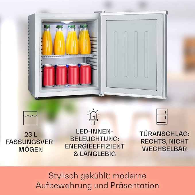 Klarstein Happy Hour – Mini bar, réfrigérateur à boissons, Compression, température de refroidissement : 5-15 °C, classe d'efficacité énergétique A, silencieux : 0 dB, lumière LED, 19 L, Argent