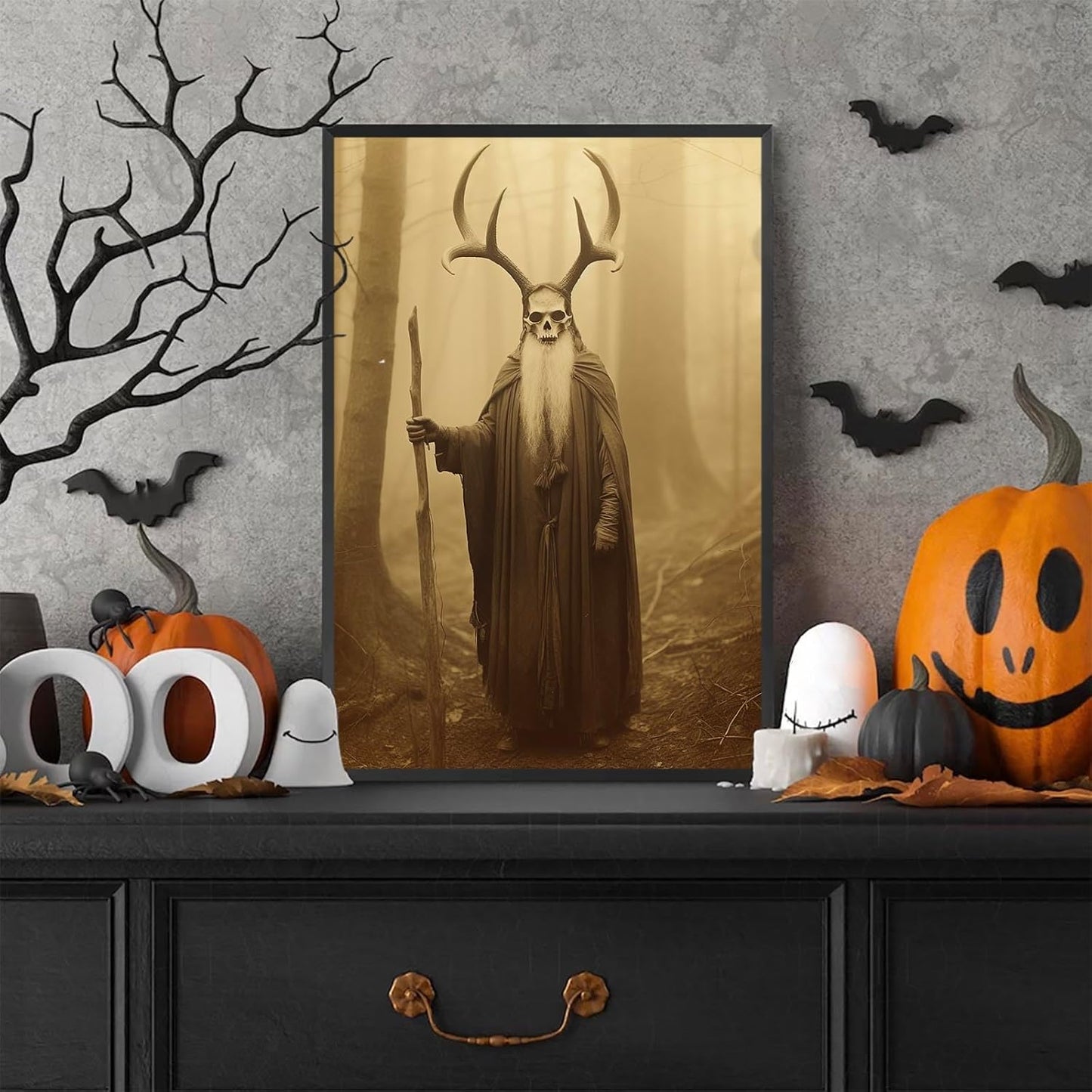 Skeleton Halloween Decor Occult Druid of the Forest Poster Canvas Wall Art Vintage Spooky Print Gothic Room Decor Dark Academia Decorations Bedroom Creepy Skull Picture 24X36inch Aluminum Framed