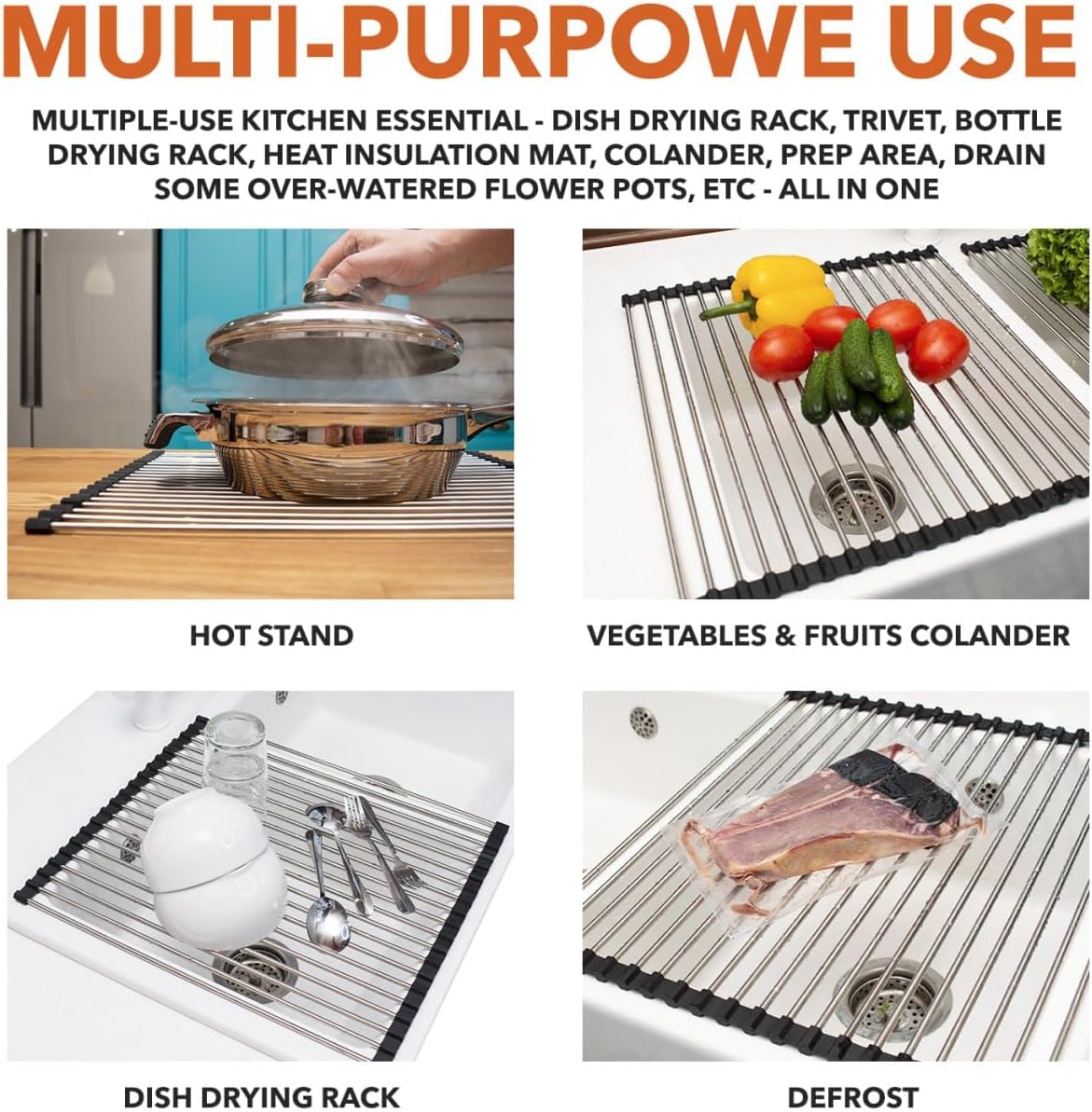 Roll-Up Dish Drying Rack 21"(L) x 16"(W) - Foldable Multipurpose Heat Resistant Large Stainless Steel Kitchen Rollup Dish Drainer Over Sink Mat - Silicone Coated Rims