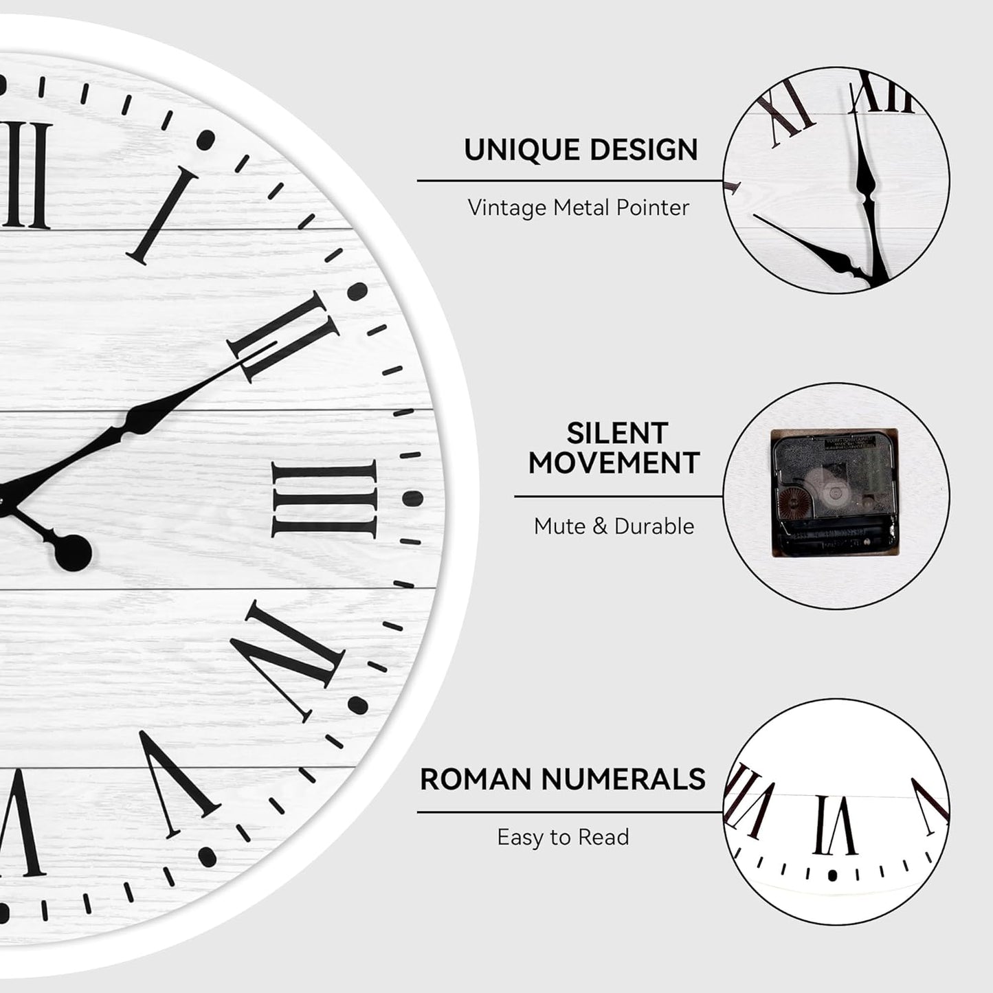 Large Wall Clock with Roman Numeral, 35.5” Shiplap Wall Clock Farmhouse Nearly Non-Ticking, Round Clock for Living Room Decor, Office, Bedroom, Entrance, White