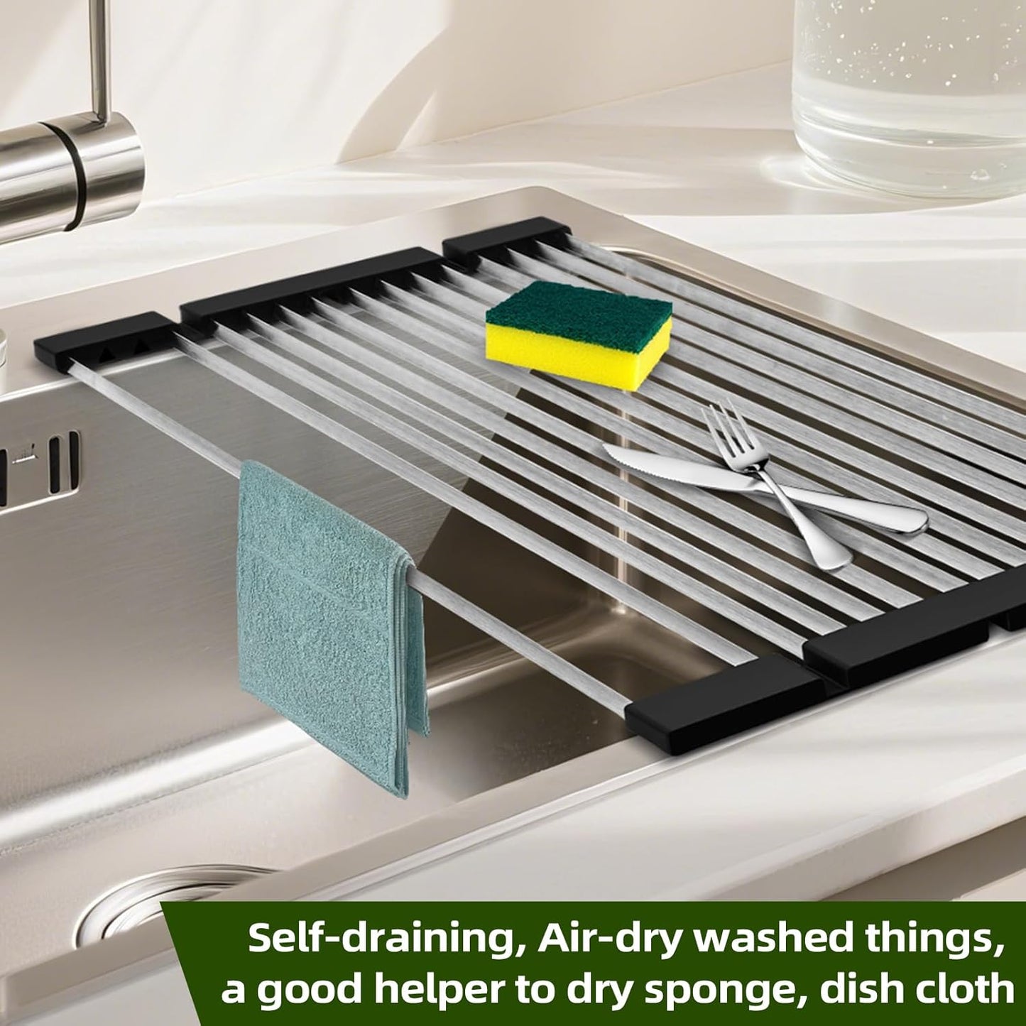 GAViA Roll Up Dish Drying Rack Over The Sink Drying Rack Stainless Steel Sink Drying Rack Kitchen Dishes Drying Mat Foldable Dish Drainer Rack Kitchen Sink Organizer Accessories