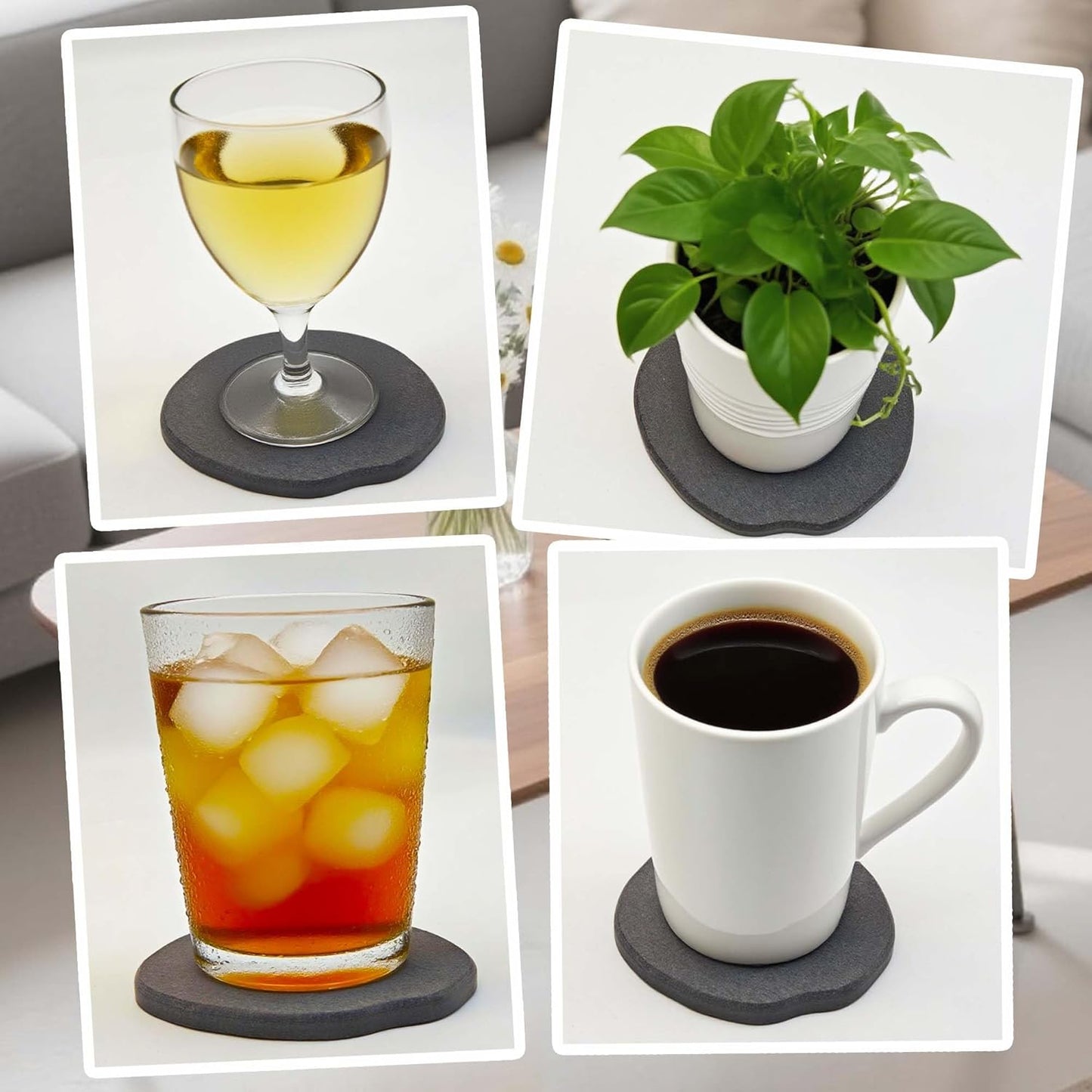Diatomite Coasters Set of 6 | Absorbent Coasters for Drinks Cute Modern Unique Aesthetic Stone Coaster for Desks Coffee Table, Instant Drying, with 24 Scratch Protection Pads, Dark Grey