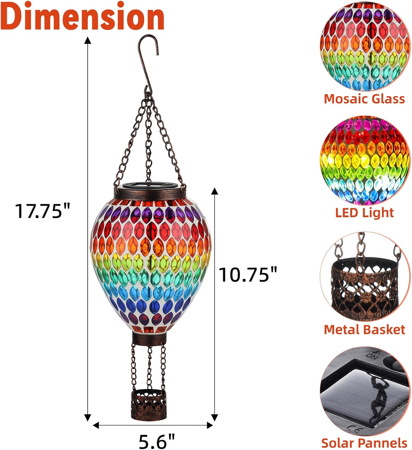 VOREEN Hot Air Balloon Solar Lantern, Mosaic Solar Outdoor Hanging Wind Light, Waterproof, Patio Festive Decor, Gift for Mom Wife Friend, Rainbow Pattern