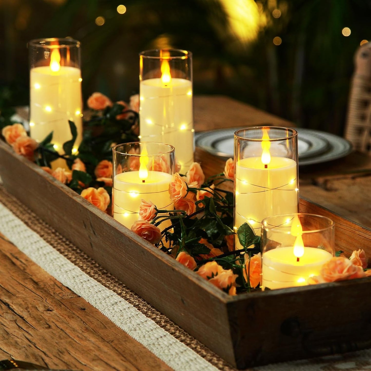 Homemory Flameless Candles with Embedded Star String Fairy Lights, Battery Operated Candles, LED Candle, Fake Candles with Remote Control and Timer, Ivory, Set of 5(H4 5" 6" 8" 8")