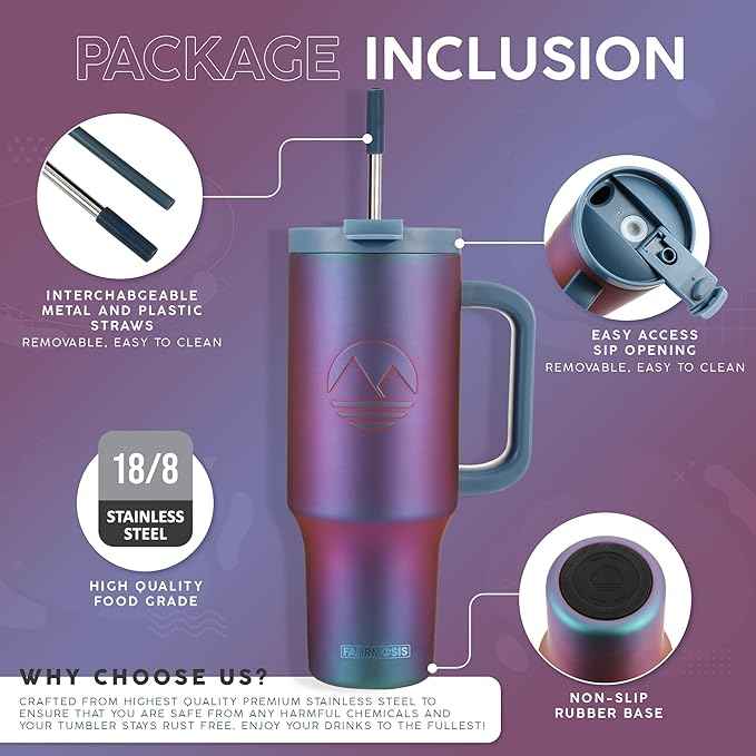 FAHRMOSIS 40 Oz Tumbler with Handle and Straw Insulated Cup that Fits in Cup Holder for Hot & Cold Drinks Leak Proof Tumbler with Straw Stainless Steel Travel Mug for Men & Women - Violet