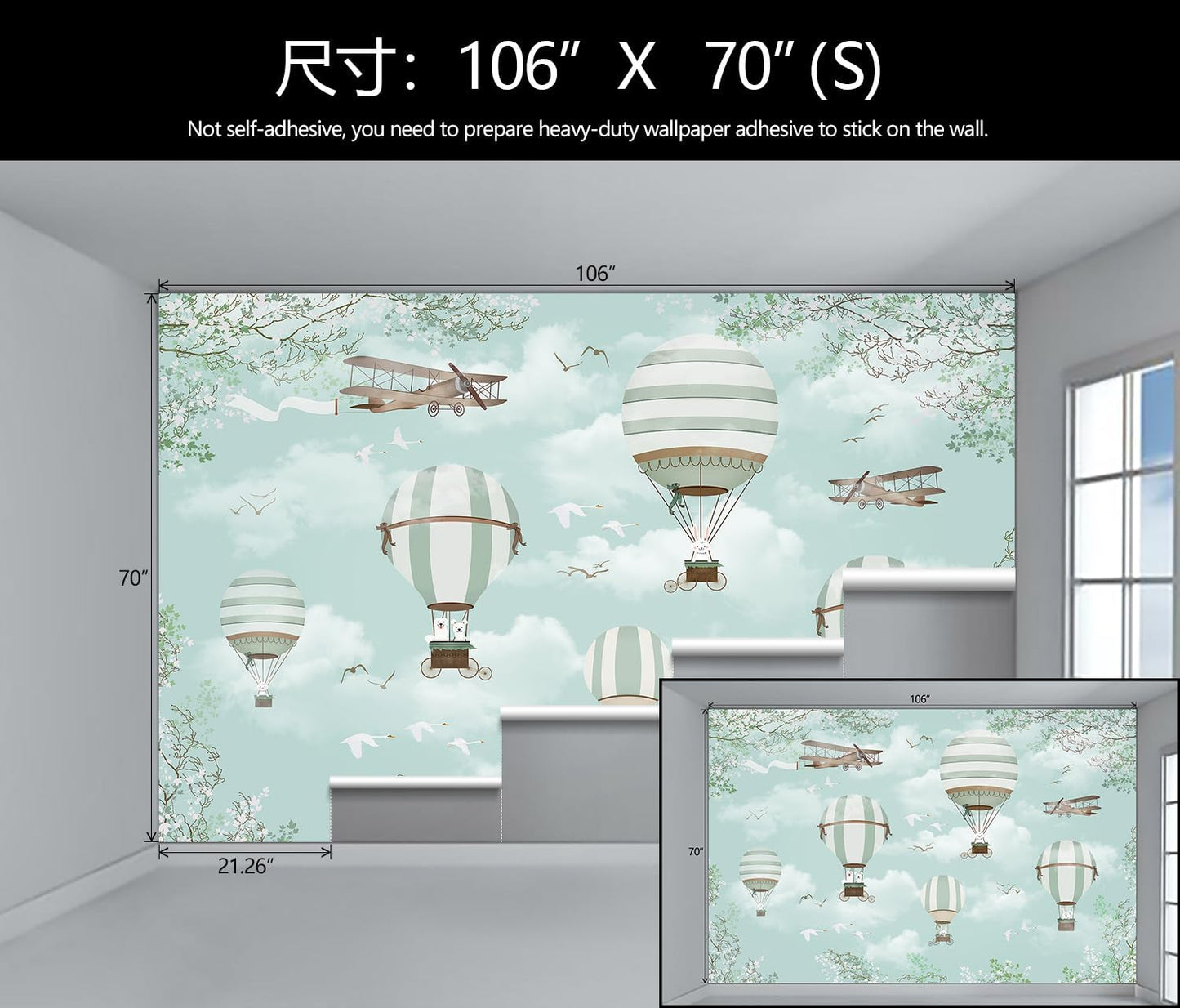 WFBHUA-Hot Air Balloon Wallpaper Mural Cute Animals Airplanes Blue Wallpaper for Nursery Wall Decoration Boys Bedroom Baby Room Kids Room (Not Peel and Stick)