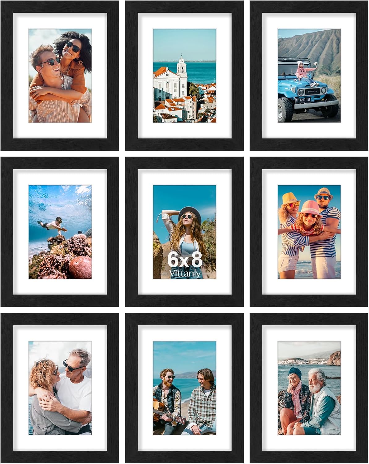 Vittanly 6x8 Picture Frames Set of 9, Shatter Resistant Plexiglass, Display 4x6 Pictures with Mat or 6x8 without Mat, Photo Frames for Wall or Tabletop, Engineered Wood, Black