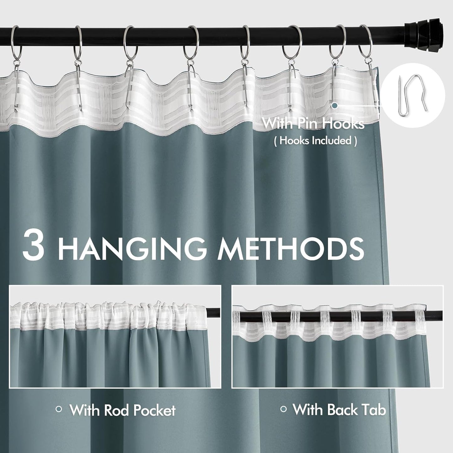 MIULEE Greyish Blue Back Tab Blackout Curtains 63 Inch Length 2 Panels Set for Living Room Bedroom Privacy, Rod Pocket/Pinch Pleat Thermal Insulated Room Darkening Pleated Light Blocking Drapes