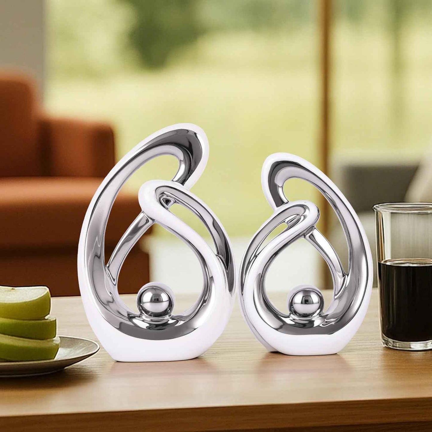 Abstract Ceramic Statue Set of 2, White and Silver Home Decor, Modern Art Living Room Decor, Room Accessories tv cabinets Bookshelves dividers Dining Table centerpieces, Foyer Entry Decor.