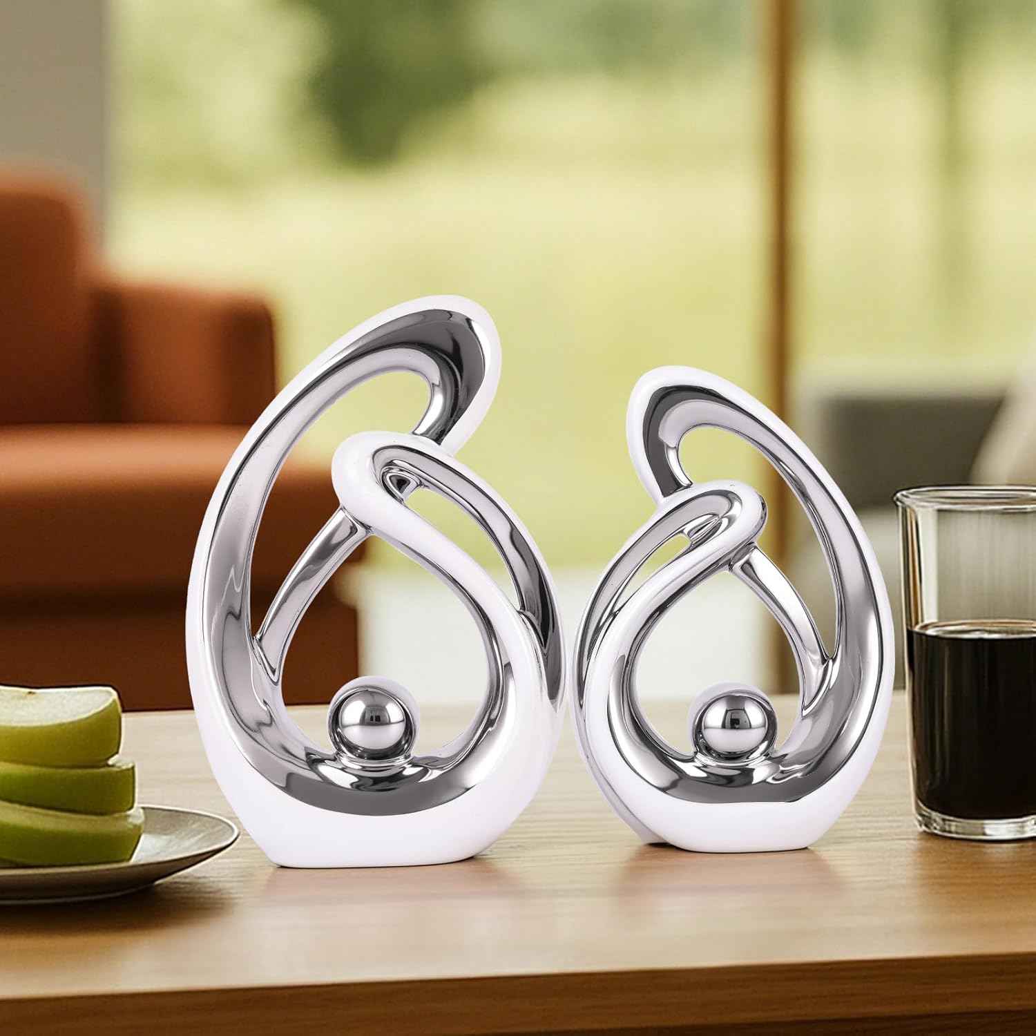 Abstract Ceramic Statue Set of 2, White and Silver Home Decor, Modern Art Living Room Decor, Room Accessories tv cabinets Bookshelves dividers Dining Table centerpieces, Foyer Entry Decor.