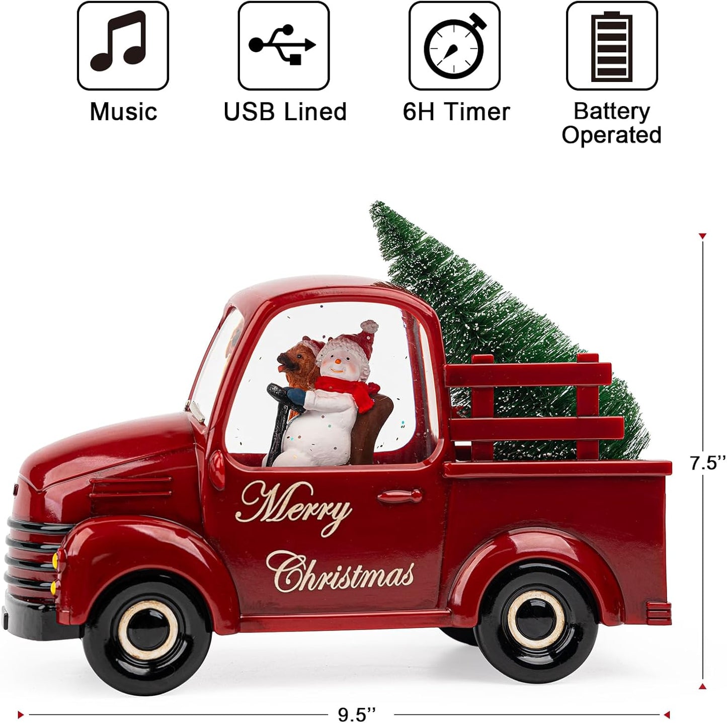Christmas Snow Water Lantern Glittering Snowman and Pup in Red Truck with Christmas Tree, USB Lined/Battery Operated Lighted Spinning Lantern for Christmas Festival Decoration Gifts