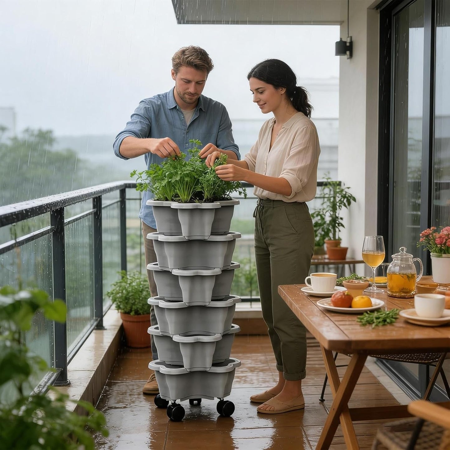 Vertical Planter Tower - 6 Tier Stackable Garden Planters with Wheels for Strawberry Flower and Vegetable Indoor Outdoor Use Gray