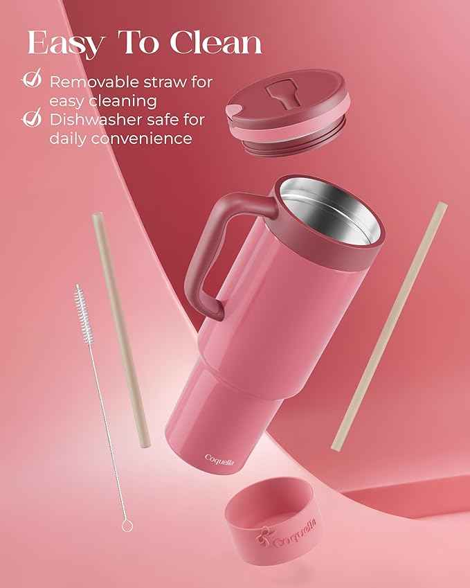 40 oz Insulated Tumbler with Handle and Push-Button Straw Lid, Stainless Steel Travel Cup for Gym Office, Leakproof, BPA-Free, Cup Holder Friendly, Bow Silicone Boot, Pink (Dusty Rose)