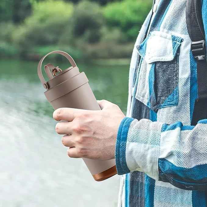 26oz Ceramic Coated Water Bottle, 3-Way Drinking (Straw/Sip/Wide Mouth), 6H Hot & Cold Insulated Water Bottle Leakproof Travel Cup with Handle - Cofffee Brown