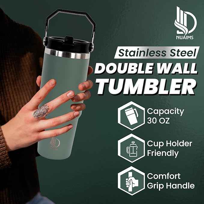 30oz Stainless Steel Insulated Water Tumbler with Handle | Secure Twist Lid & Flip Straw | Leak-Proof, BPA-Free IceFlow Inspired Design (light sky blue)