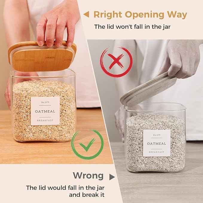 2 Pack Square Glass Flour and Sugar Containers with 132 Kitchen Pantry Labels - Thicken 85 FL OZ Large Glass Storage Jars with Airtight Bamboo Lid - Big Food Canisters for Cookies, Candy, Tea, Coffee