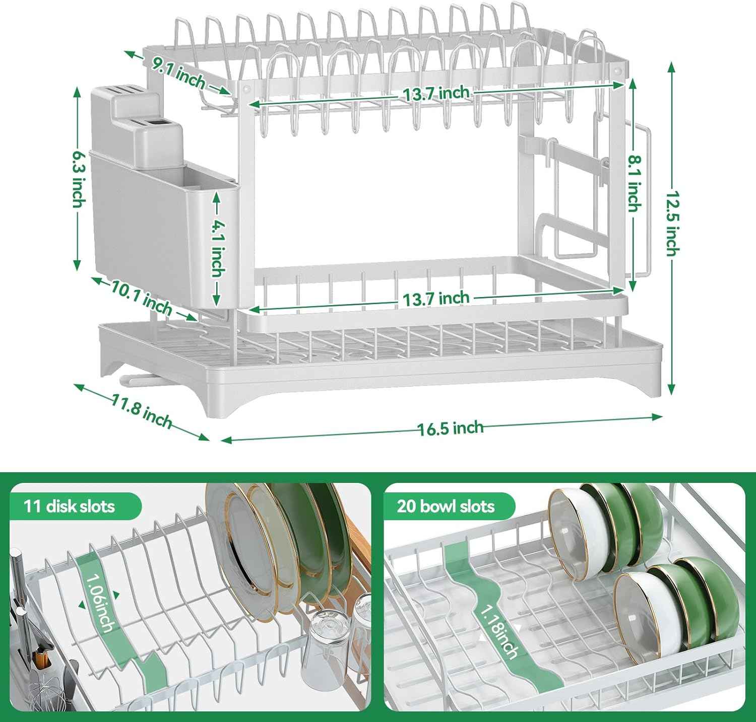 2-Tier Dish Drying Rack with Drainboard, Sink & Countertop Metal Dish Rack Organizer, Dish Drainers for Kitchen Counter, White Dish Racks