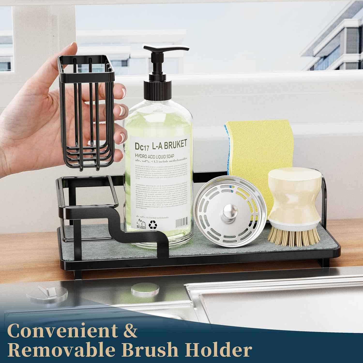 Consumest Sponge Holder for Kitchen Sink - Sink Caddy Organizer with Water Absorbing Stone Tray, Detachable Brush Holder, Stainless Steel Kitchen Counter Organizer Rack, Black